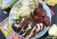 Baked Jerk Chicken with Coconut Rice and Cinnamon Plantains