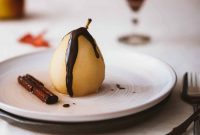 Poached Pears in Muscat Wine with Dark Chocolate Drizzle