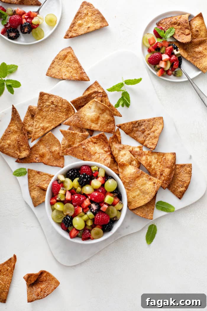 Overhead view of a bowl of fruit salsa surrounded by cinnamon chips.