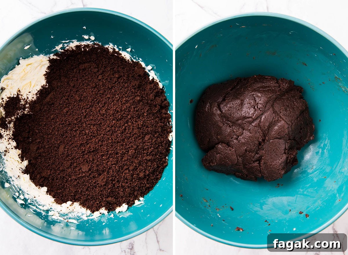 Two photos showing How to Make Oreo Truffles recipe - crushed Oreos and cream cheese in a mixing bowl and folded into a truffle dough ball.