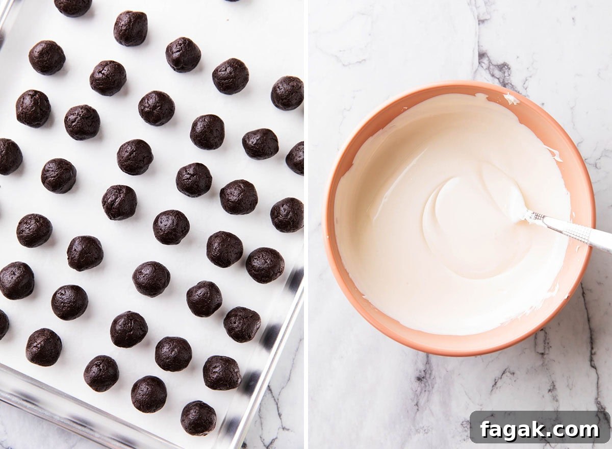 Two photos showing how to make Oreo Balls - Oreo balls rolled into spheres on a lined baking sheet and a bowl of smoothly melted white chocolate.