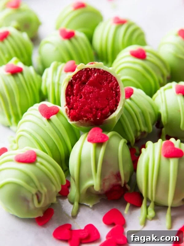 sliced in half Grinch Oreo Balls with bright red centers atop a pile of more Oreo Grinch Balls