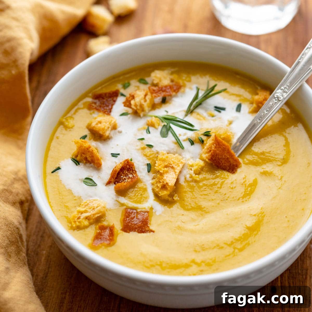 A bowl of roasted vegetable soup with croutons & cream.