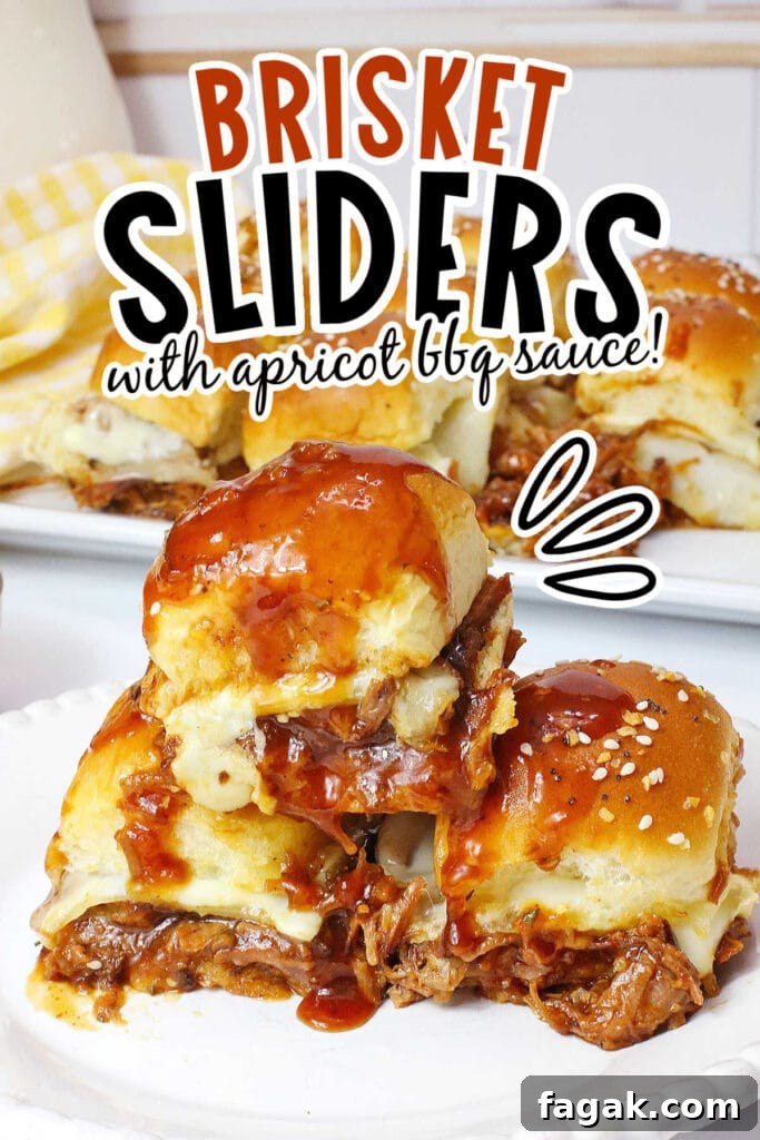 BBQ Brisket Sliders Made from Leftover Beef Brisket 10 A stack of leftover beef brisket sliders with BBQ sauce on a white plate with text overlay.