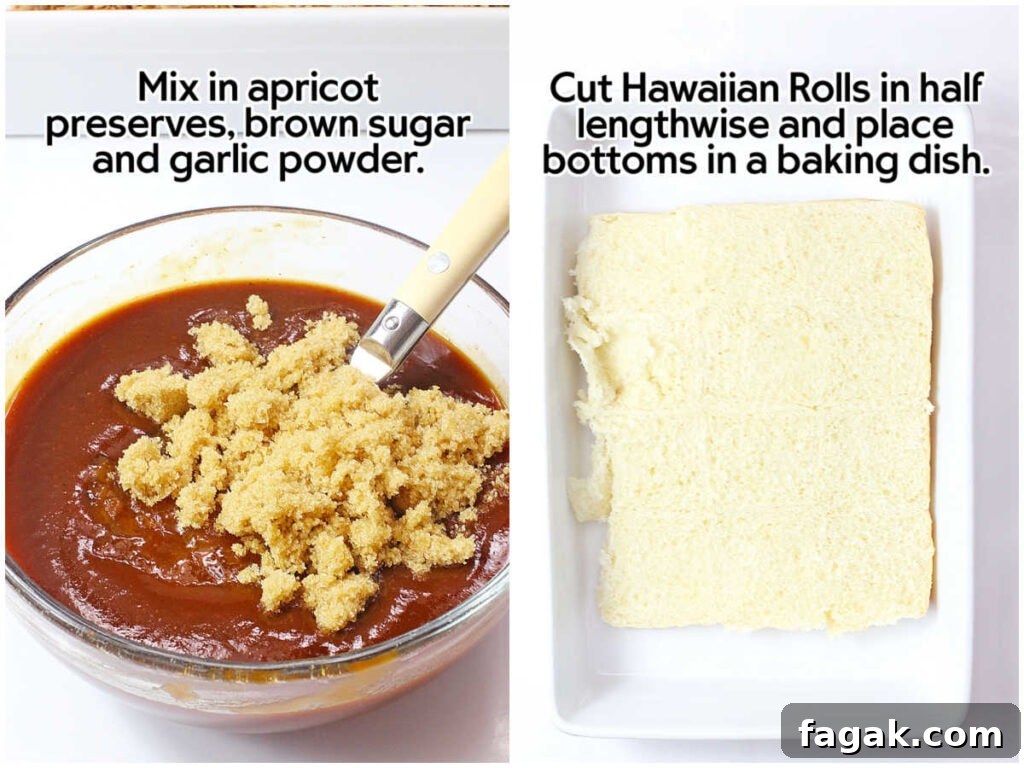 BBQ Brisket Sliders Made from Leftover Beef Brisket 4 Two photo collage of sauce ingredients in a bowl and the bottom half of the Hawaiian rolls in a baking dish with text overlay.