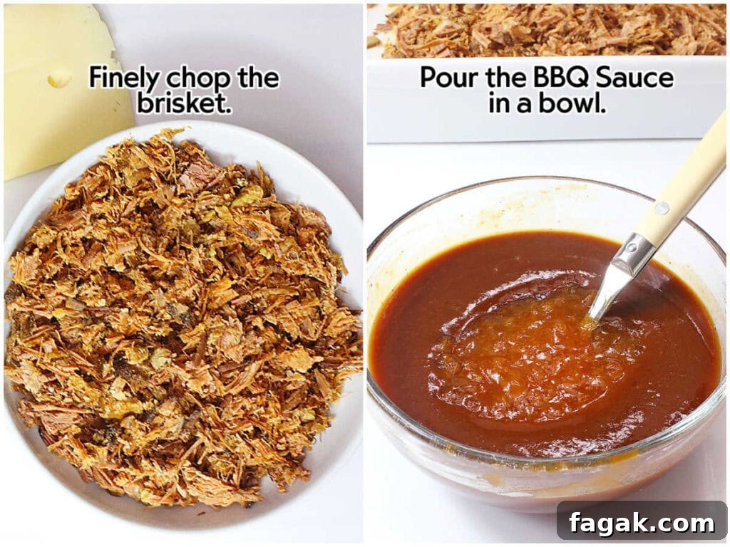 BBQ Brisket Sliders Made from Leftover Beef Brisket 5 Two photo collage of chopped leftover beef brisket and mixing the sauce ingredients in a bowl with text overlay.