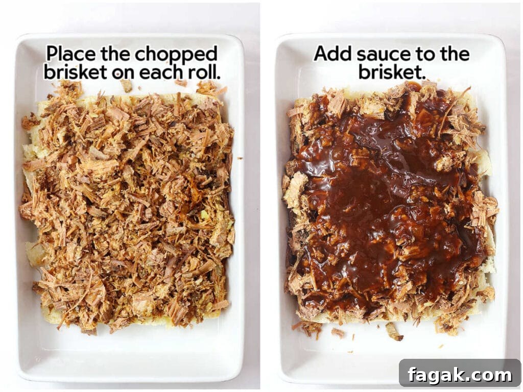 BBQ Brisket Sliders Made from Leftover Beef Brisket 6 Two photo collage of layering the chopped beef brisket and barbecue sauce on the bottom half of the rolls with text overlay.