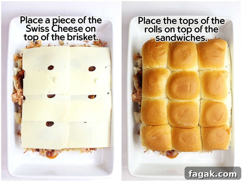 BBQ Brisket Sliders Made from Leftover Beef Brisket 7 Two photo collage of adding the cheese slices to the meat mixture and topping with the top half of the buns with text overlay.