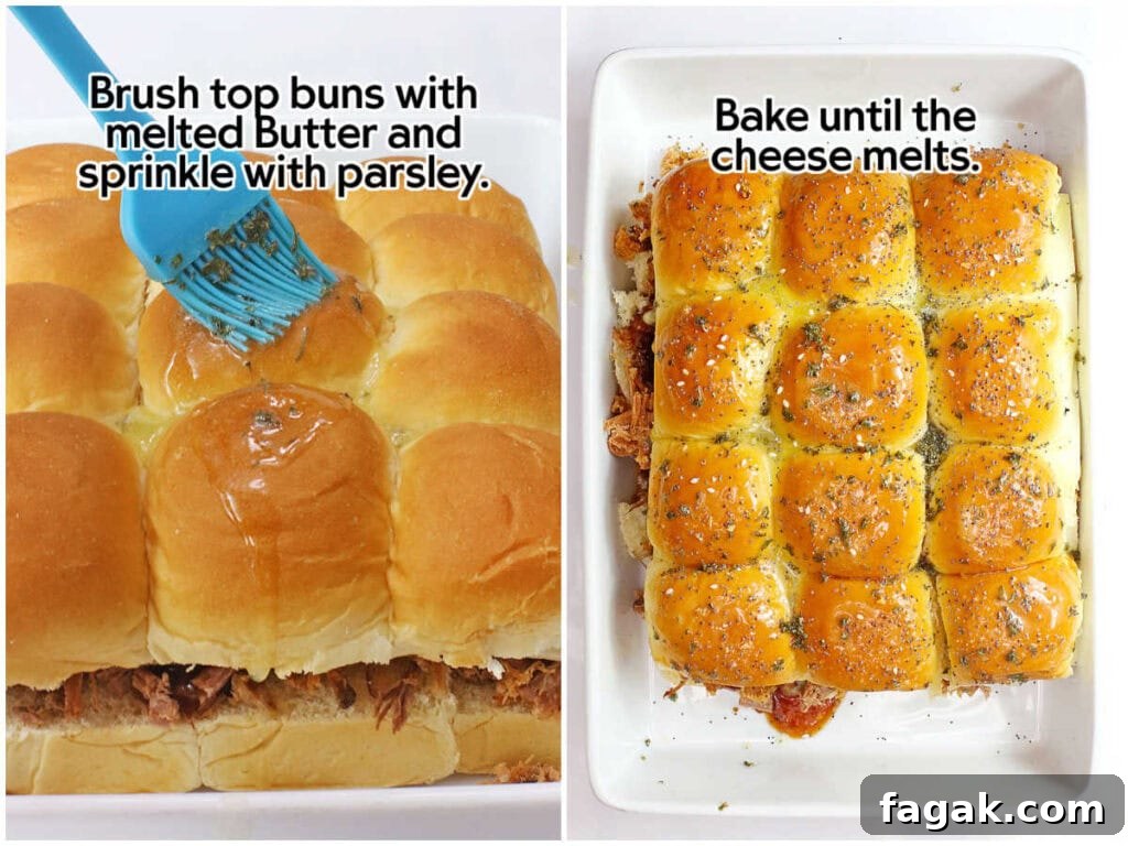 BBQ Brisket Sliders Made from Leftover Beef Brisket 8 Two photo collage of brushing the bun tops with melted butter and adding the everything but the bagel seasoning mix with text overlay.