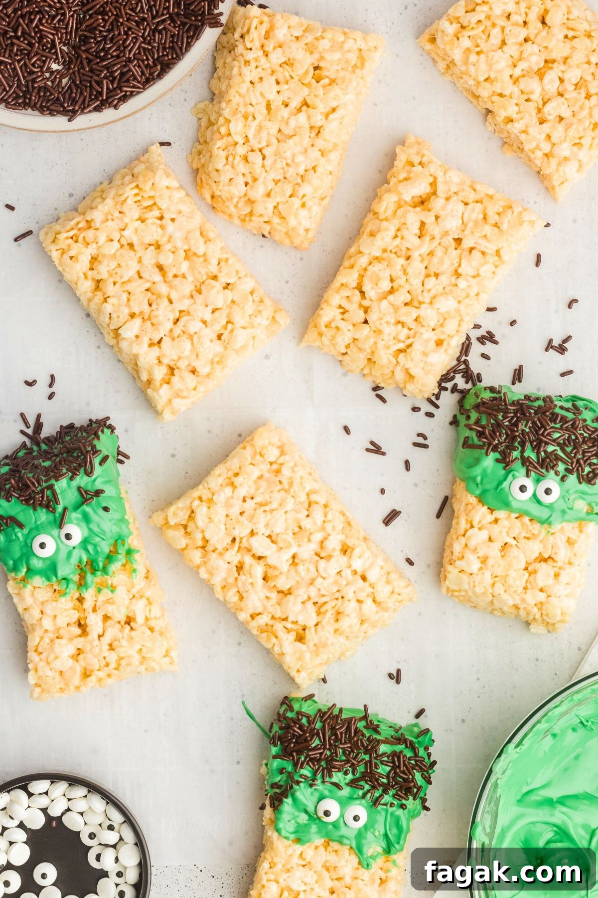 Rice krispie treats dipped into green melting chocolate then topped with sprinkles and candy eyes.