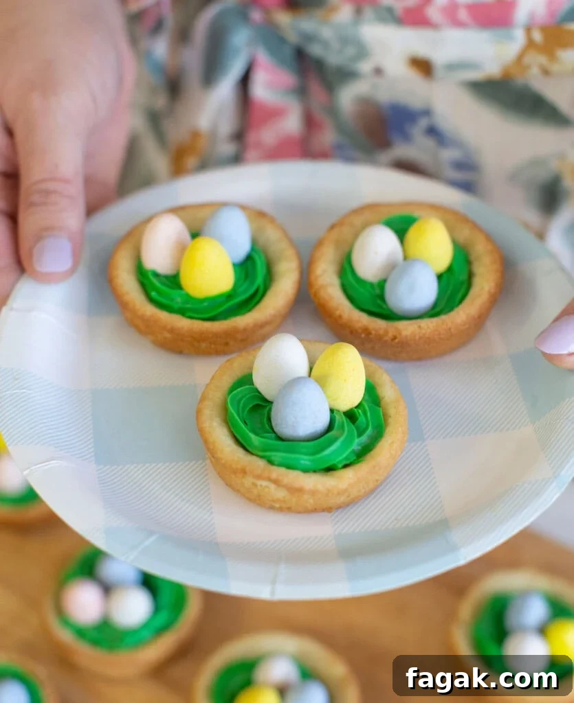 Easter birds nest cookie cups, on a plate.