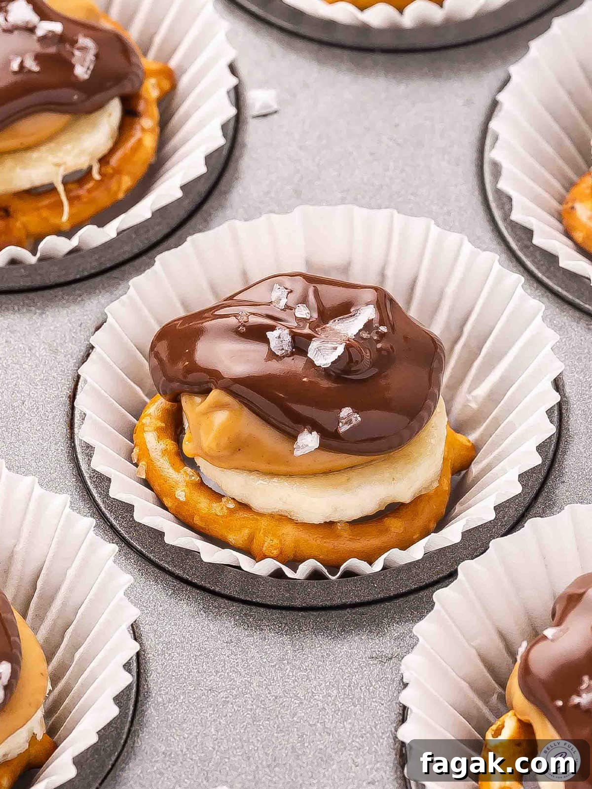 Side view of chocolate pretzel banana bites.