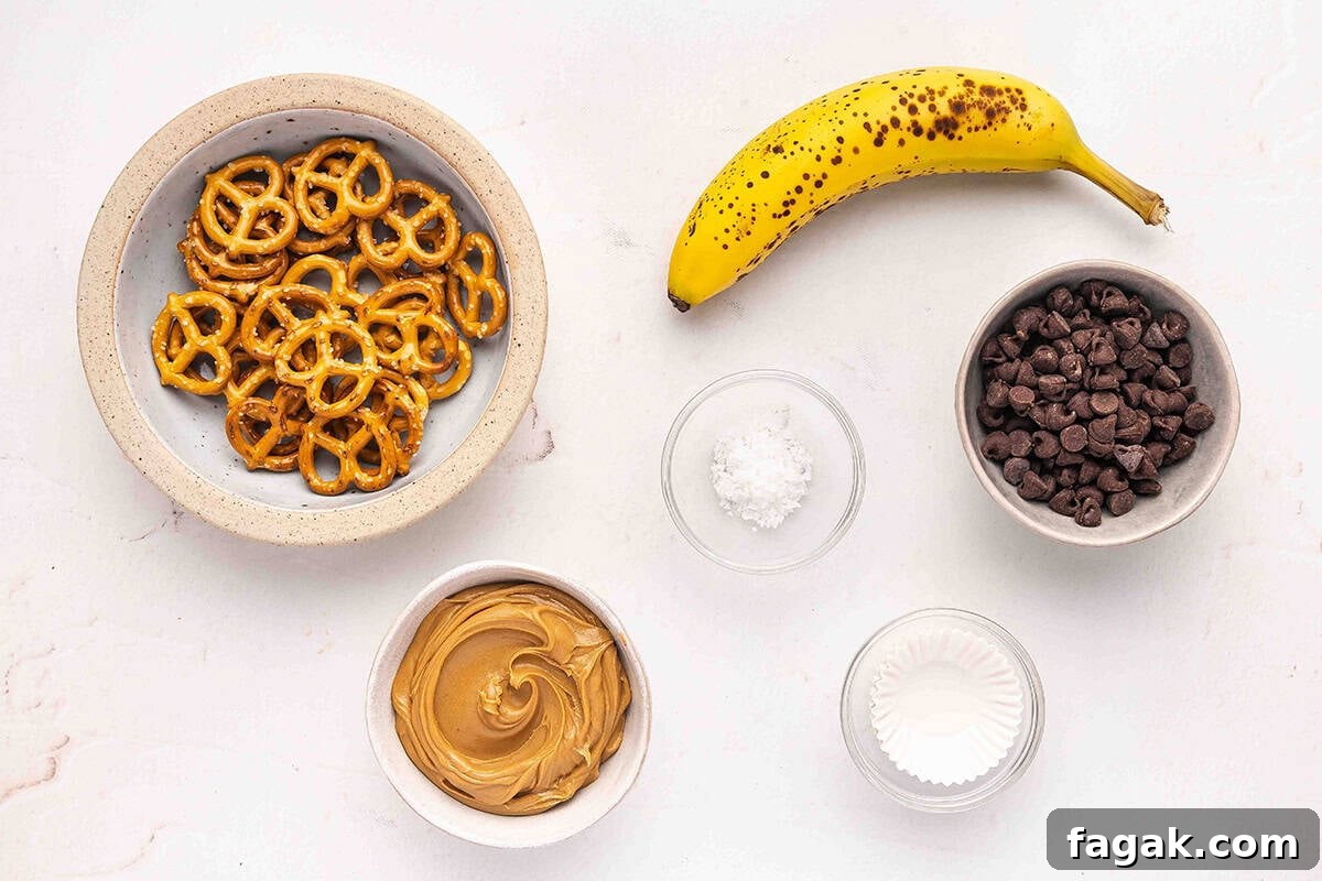 The ingredients to make chocolate pretzel banana bites.
