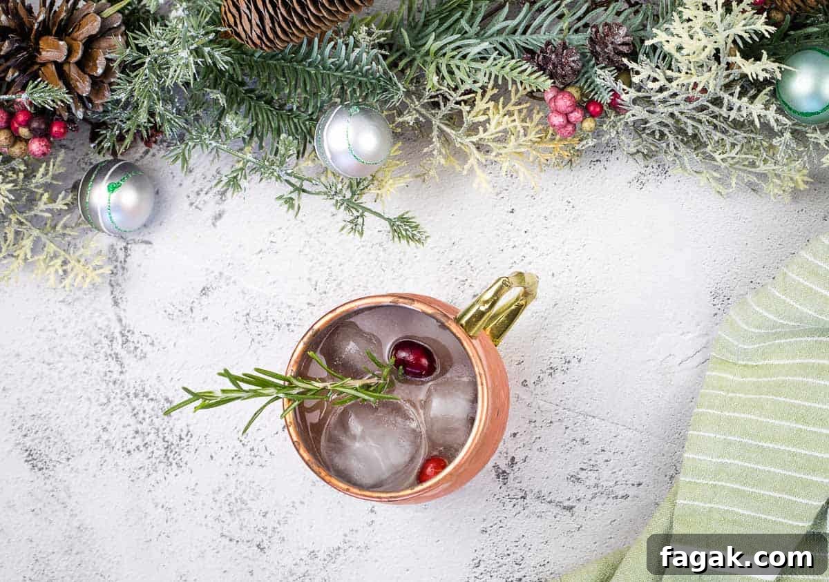 A copper glass filled with mule and with cranberries and a sprig of rosemary.