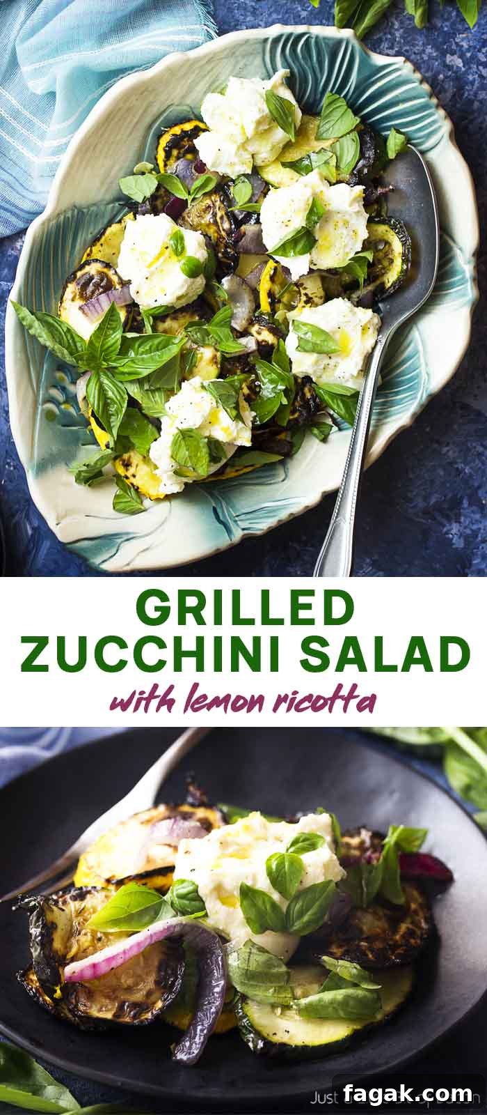 Salad in a serving plate and on a small plate with text overlay Grilled Zucchini Salad.