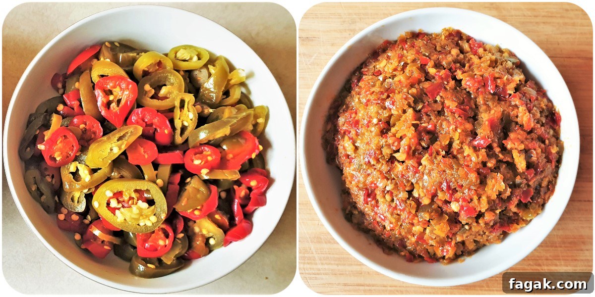 Jalapeño Chili Paste Recipe: Add Bold Spice to Your Meals 3 2 images showing a bowl of jalapeno peppers and a bowl of jalapeno chili paste.