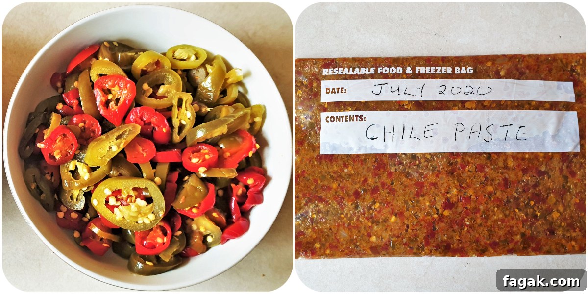 Jalapeño Chili Paste Recipe: Add Bold Spice to Your Meals 4 2 images showing a bowl of jalapeno peppers and a packet of peppers ready for freezing.