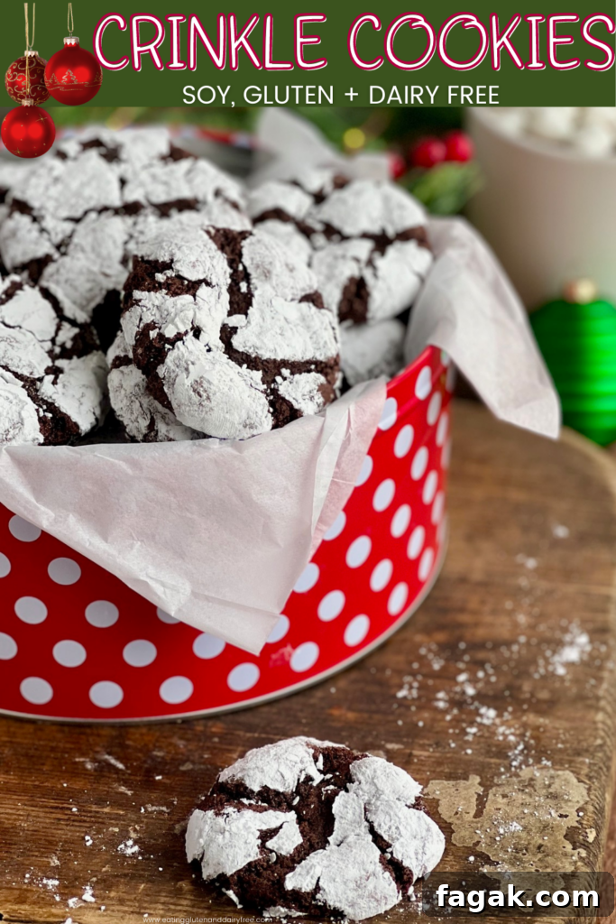 Dark chocolate cookies with powdered sugar over them arranged in a red and white polka dotted Christmas tin.