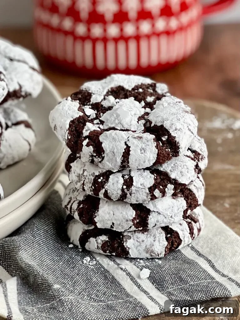 4 dark chocolate cookies with powdered sugar over them stacked on top of each other.