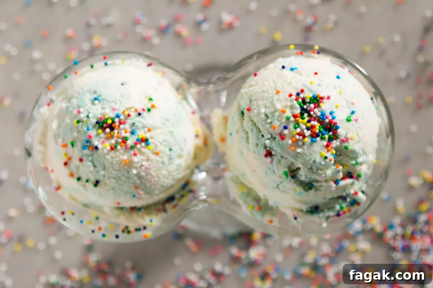 A top-down view of two scoops of blue and white ice cream with sprinkles in a glass container on a gray surface.