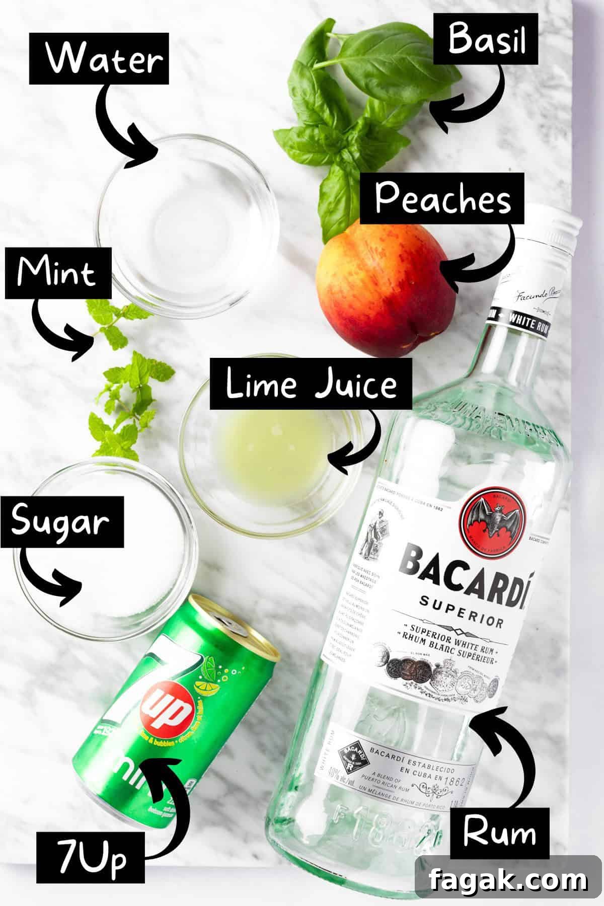 The ingredients needed to make the peach mojitos.