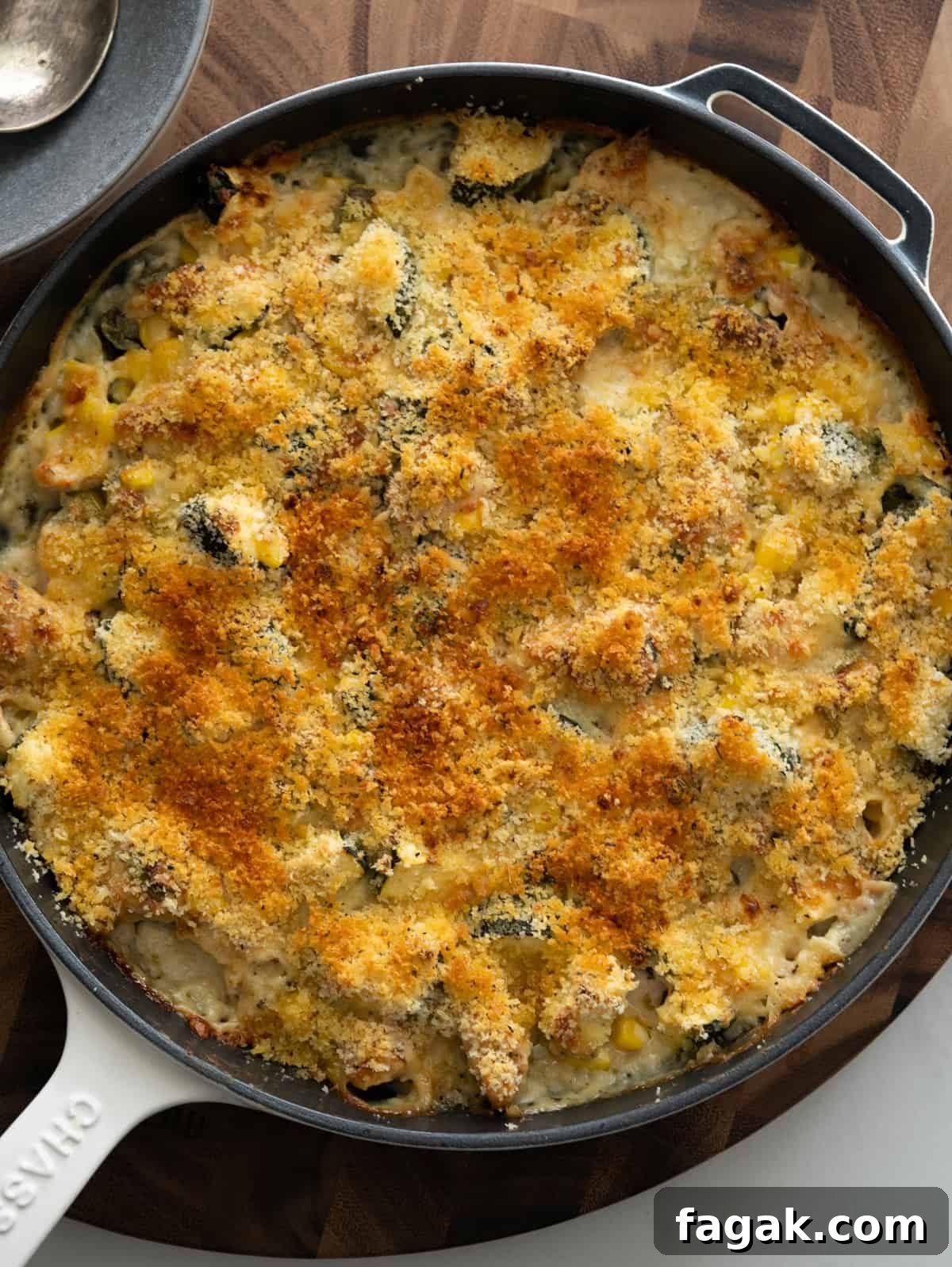 Chicken zucchini casserole buttery crunchy bread topping. 