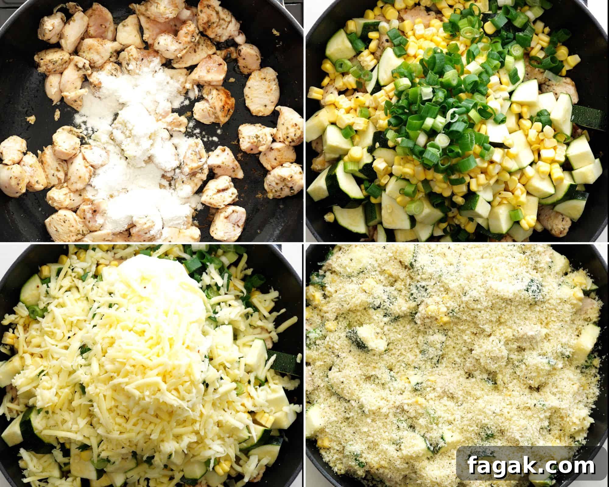 steps to make chicken zucchini casserole. Saute chciken, add veggies, sour cream and cheese. Top it with breadcrumb mixture and bake.