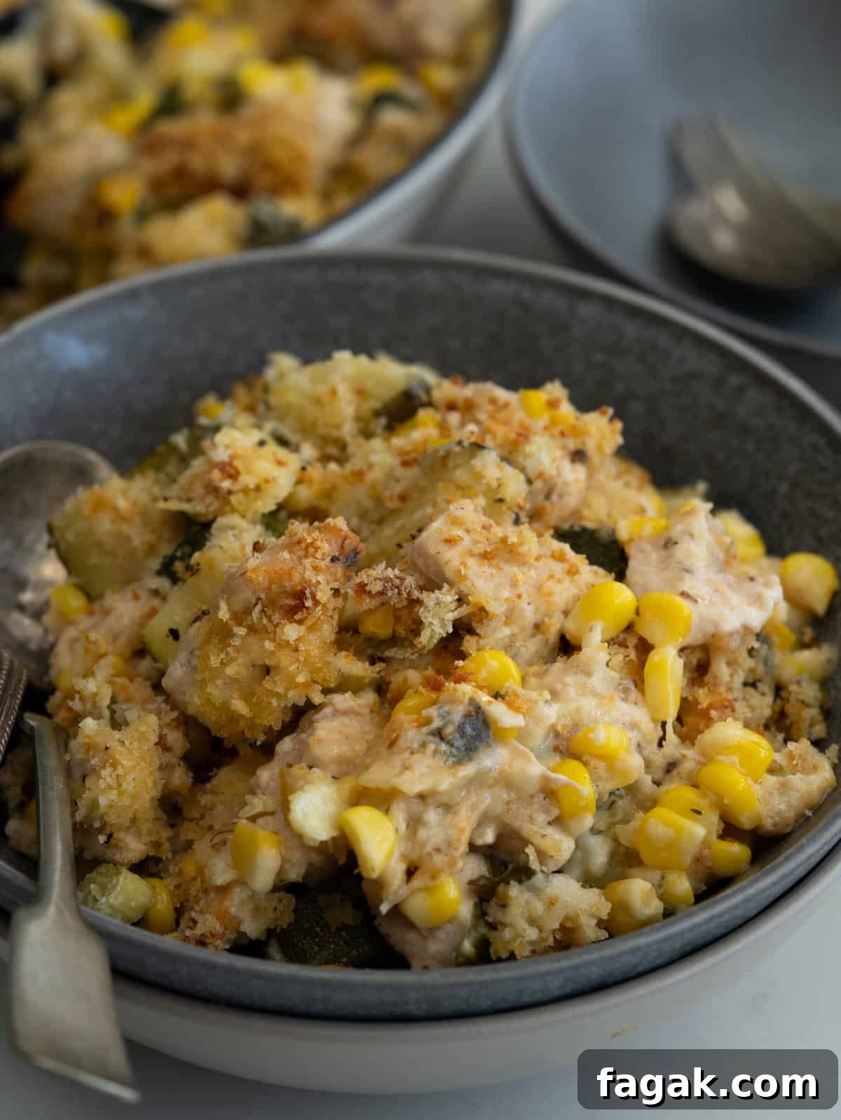 Chicken pieces, zucchini, corn in a creamy cheesy sauce and crunchy bread topping served in a bowl.