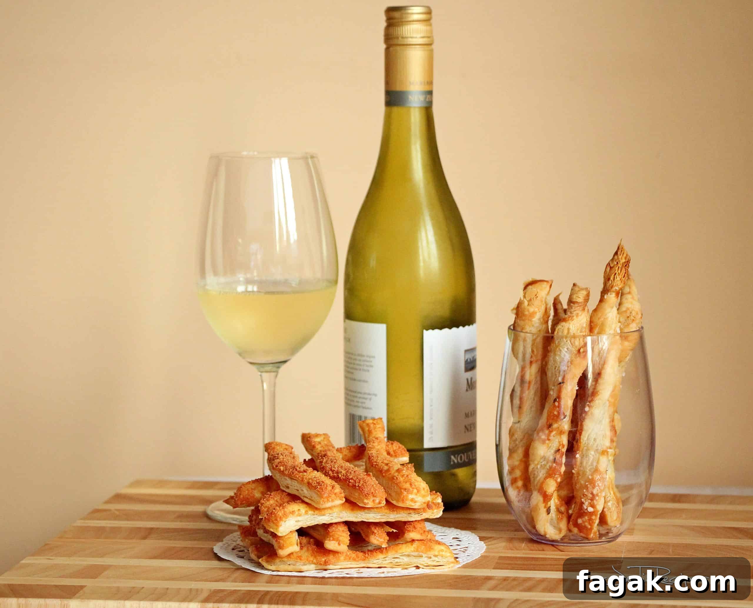 parmesan sticks from puff pastry in wine glass. In background white wine in glass and in bottle.