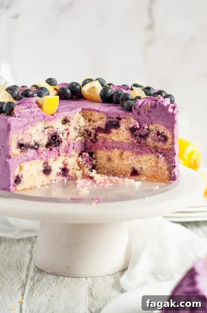 Lemon blueberry layer cake with purple blueberry frosting on a white cake stand.