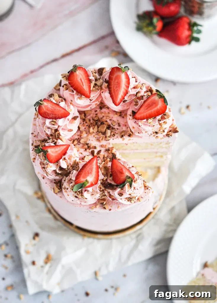 Pink frosted cake topped with chopped almonds and fresh strawberry slices.