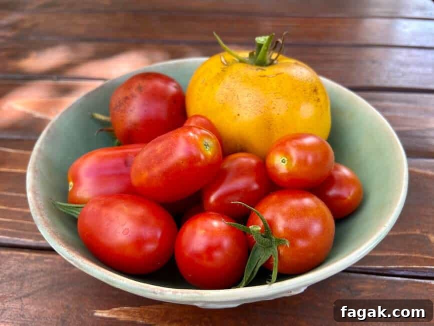 Fresh Tomato, Basil & Mozzarella Pasta Recipe for Summer 6 Fresh garden tomatoes in a bowl on a wooden table.