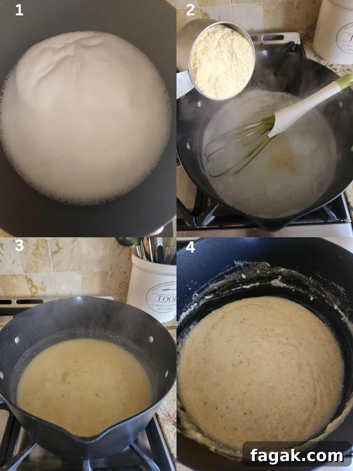 A collage of 4 images showing how to stir polenta in a large black pot.