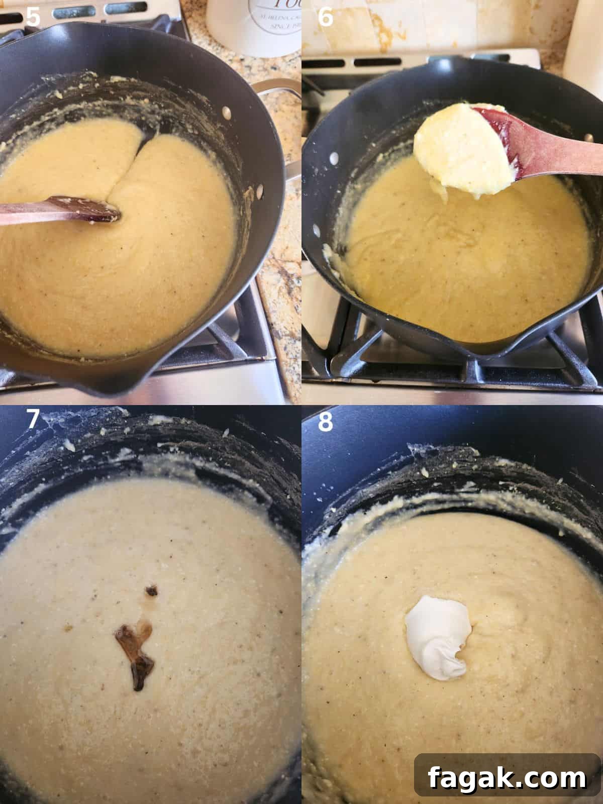 A collage of 4 images showing the consistency of cooked polenta in a black pot.