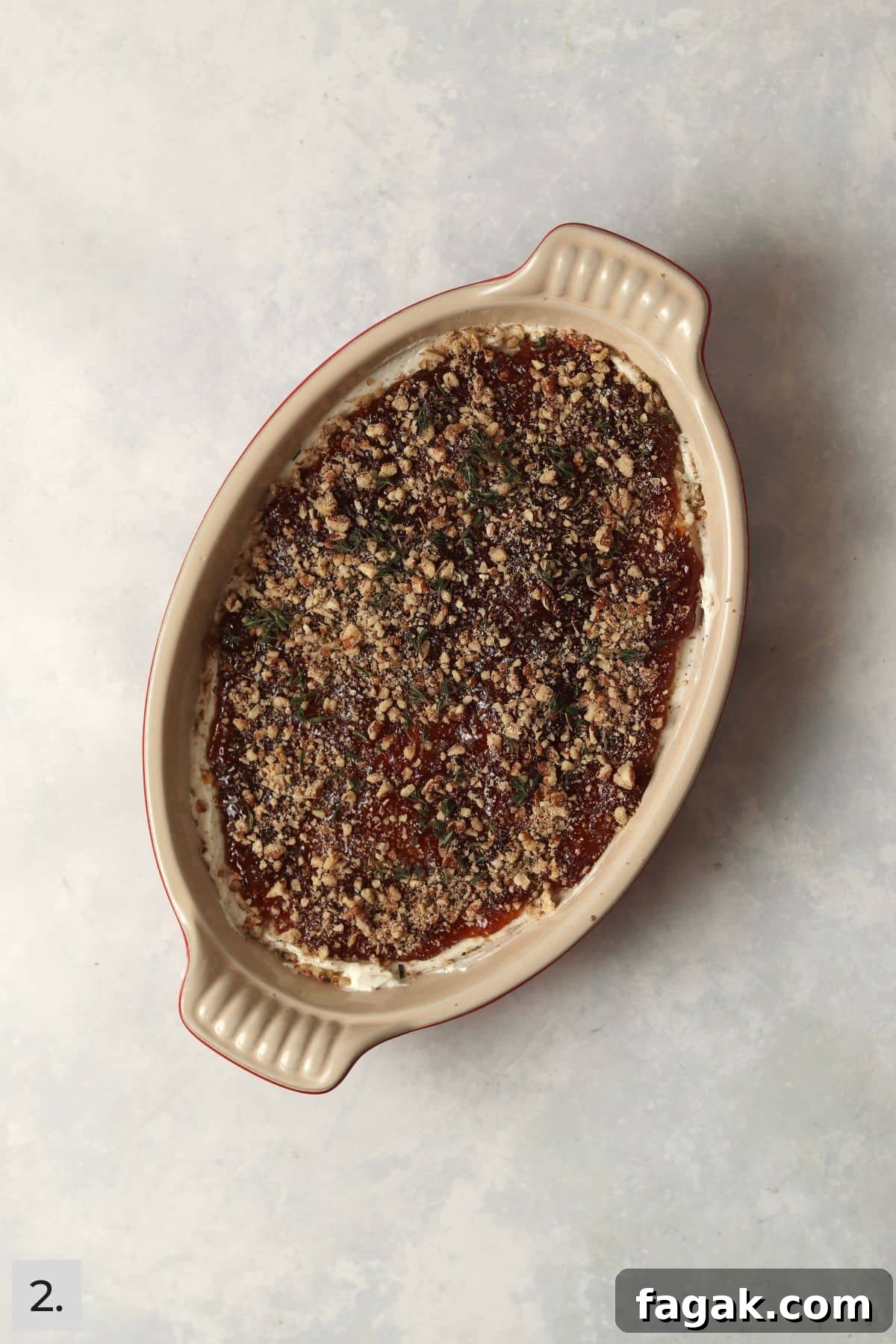 Whipped goat cheese layer topped with fig spread, pecans, and fresh thyme.