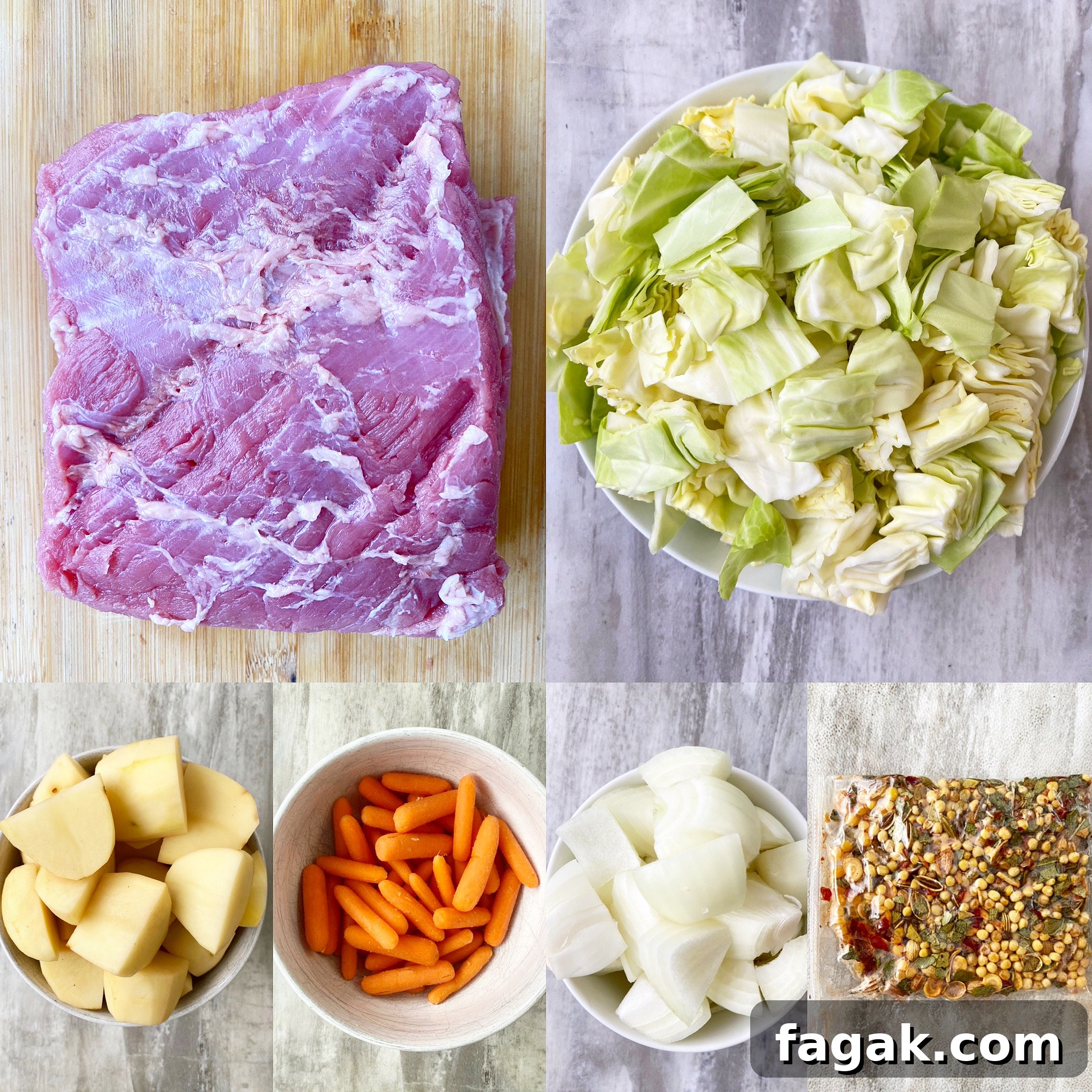Slow Cooker Corned Beef and Cabbage Recipe (Video Included) 3 collage of ingredients for corned beef & cabbage in the slow cooker