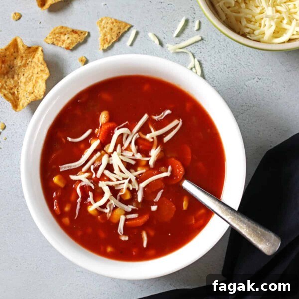 Vegetable Soup in a white bowl with a spoon in it