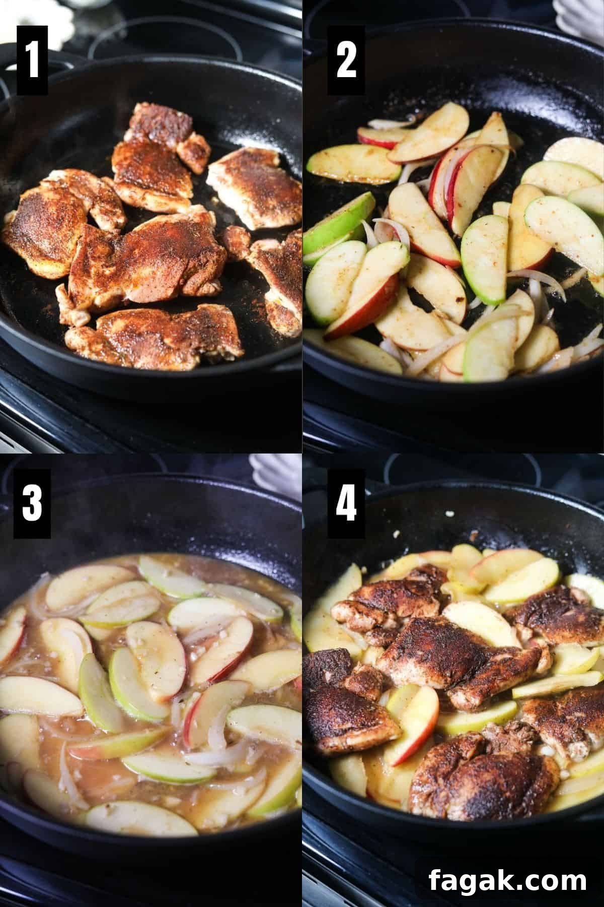 step-by-step images for making apple cider chicken.