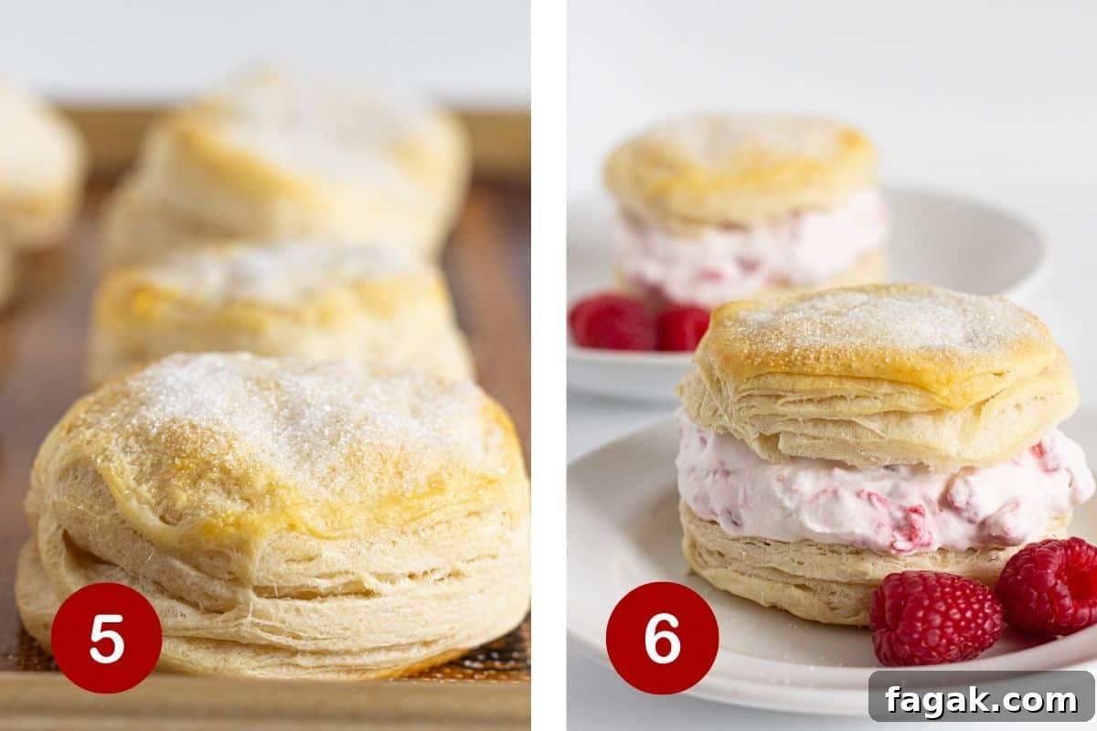 Baking the biscuits until they are golden brown and assembling the raspberry shortcakes.