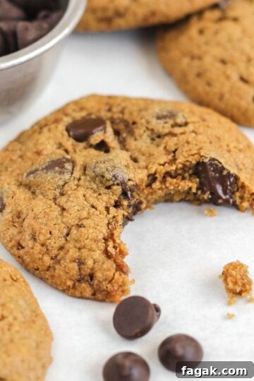 Oat flour chocolate chip cookie with a bite taken out.