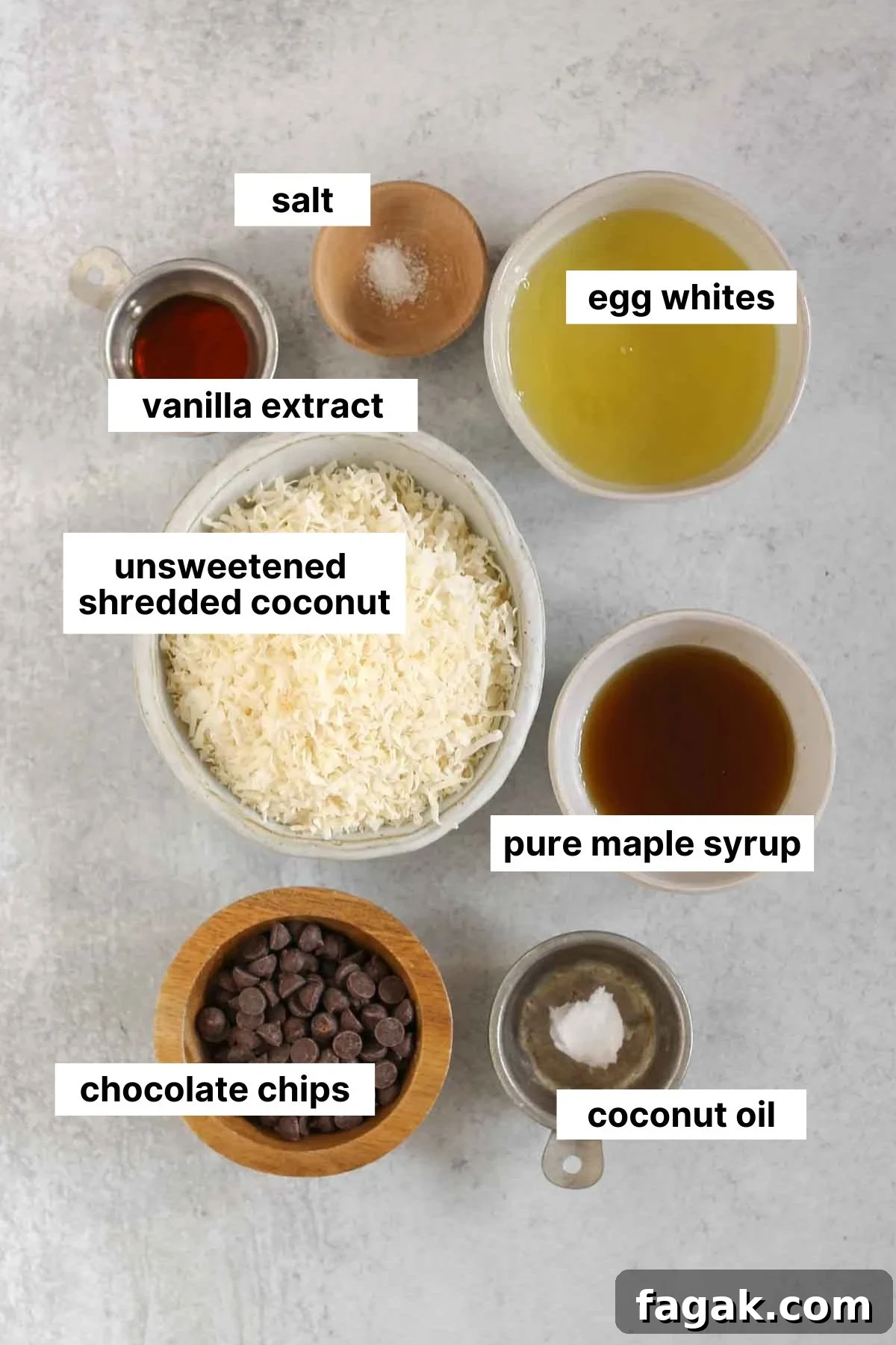 Labeled ingredients needed for coconut macaroons without condensed milk.