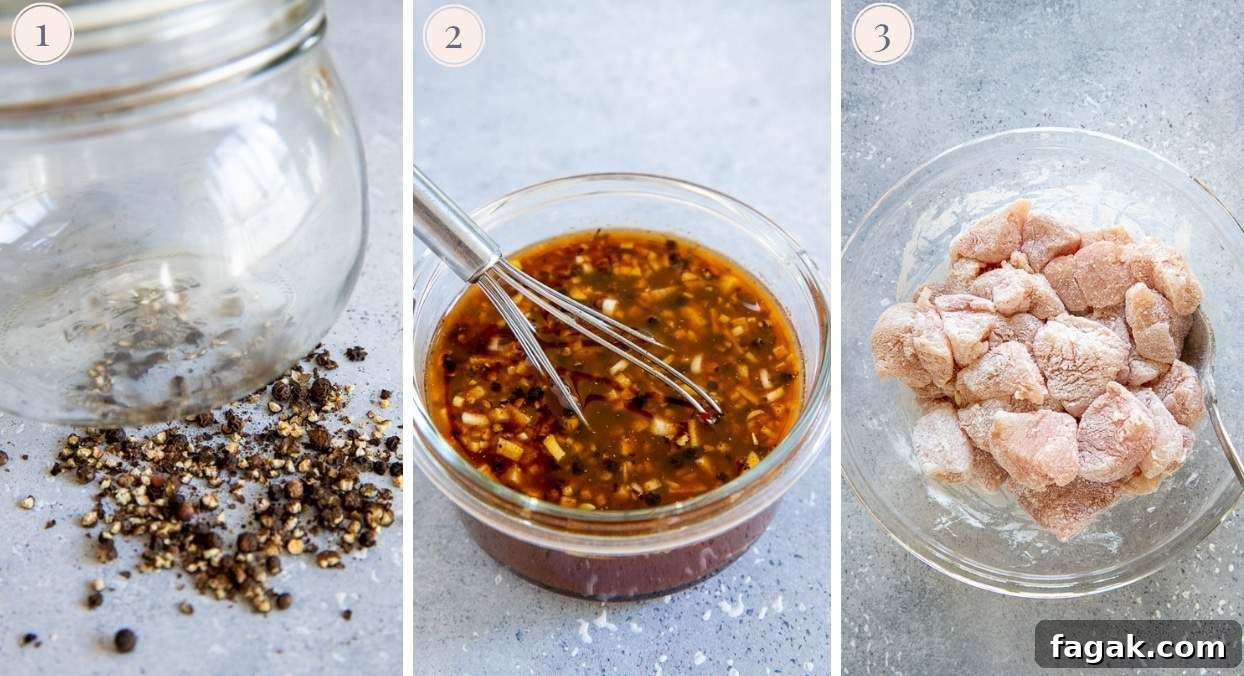 picture collage demonstrating how to prep meat and sauce for Chinese Szechuan chicken stir-fry