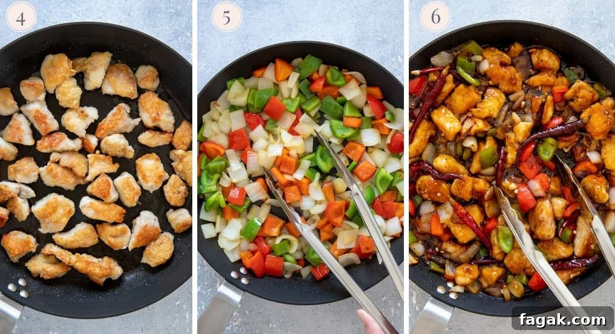 picture collage showing how to make Chinese Szechuan chicken stir fry step by step