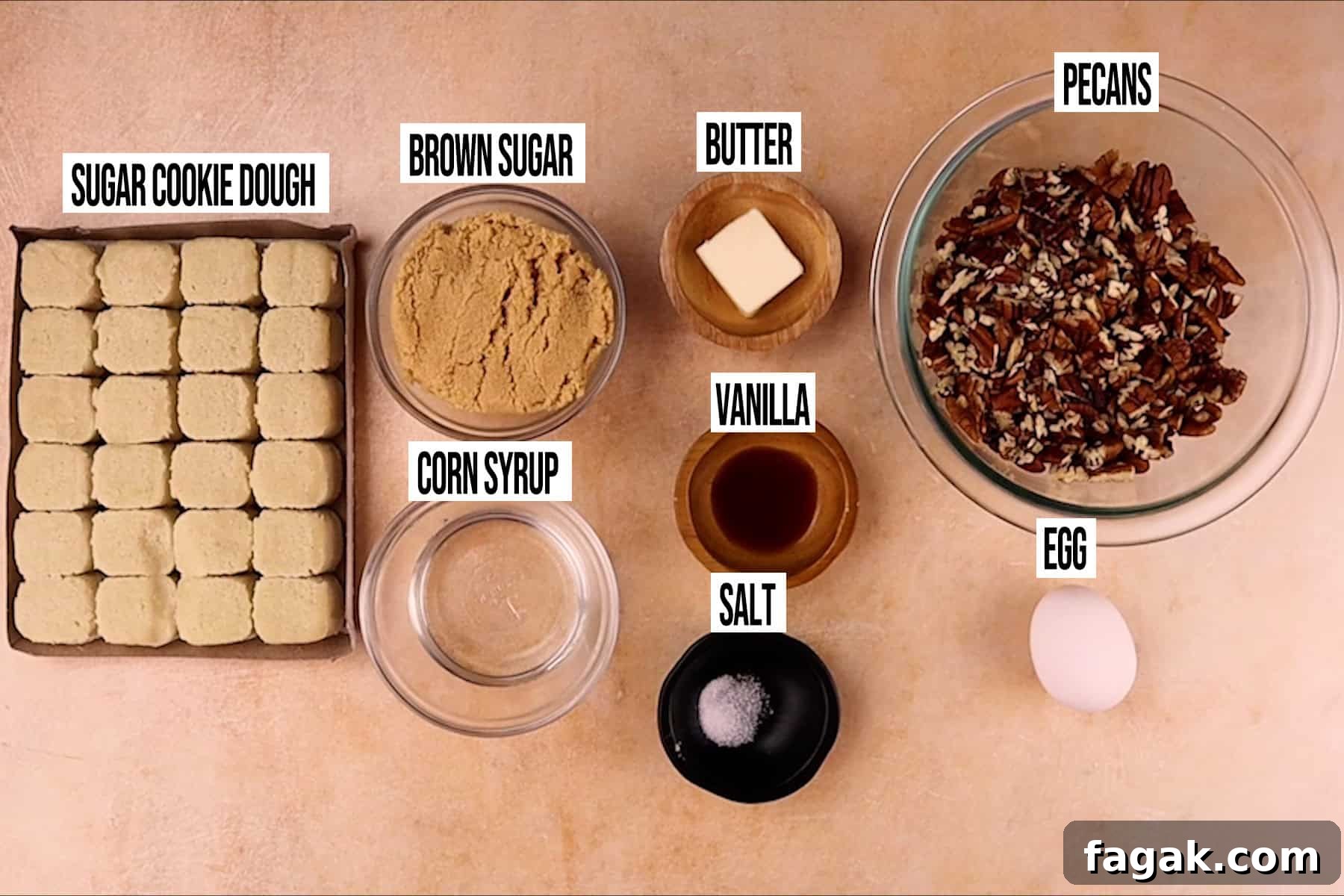 mini pecan pie tart ingredients in individual bowls and labeled.