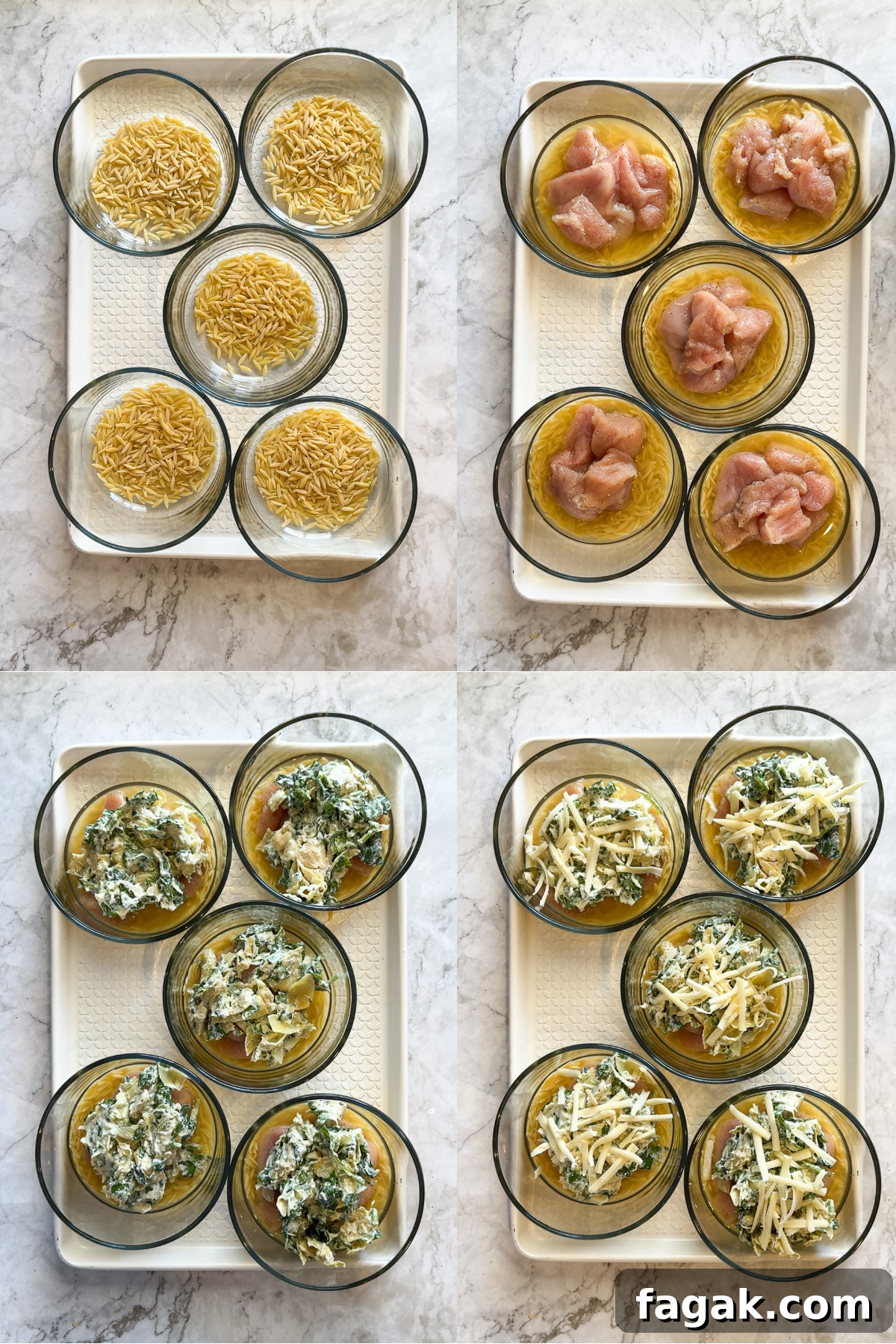 Spinach, Artichoke & Chicken Orzo Bake Recipe 4 Spinach Artichoke Chicken Orzo Bakes with visible chicken breast, orzo, spinach, artichoke hearts, and cheeses.