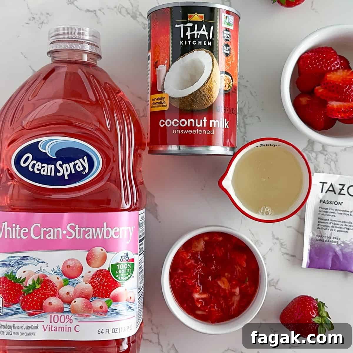 Ingredients all lined up to make Pink Drink.