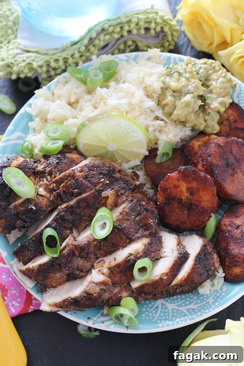Baked Jerk Chicken with Coconut Rice & Cinnamon Sweet Plantains