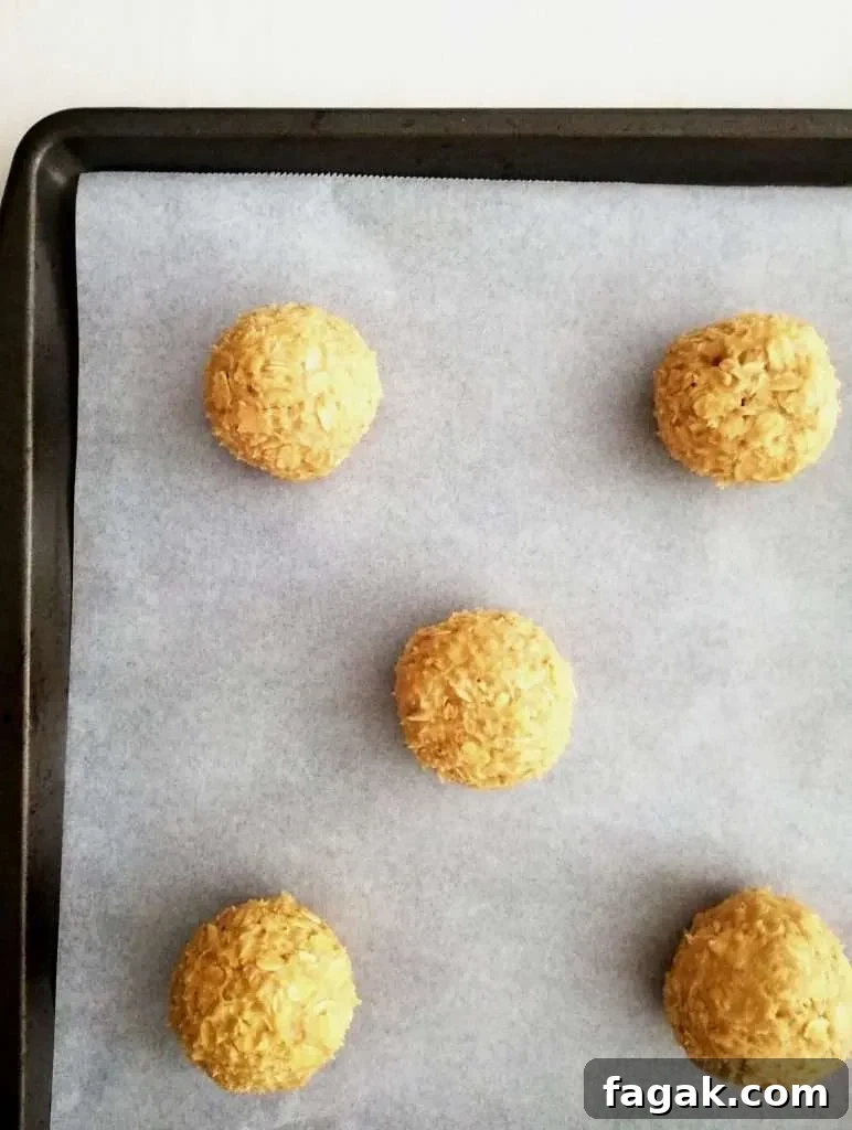 oatmeal cookie dough balls on parchment lined baking sheet overhead image