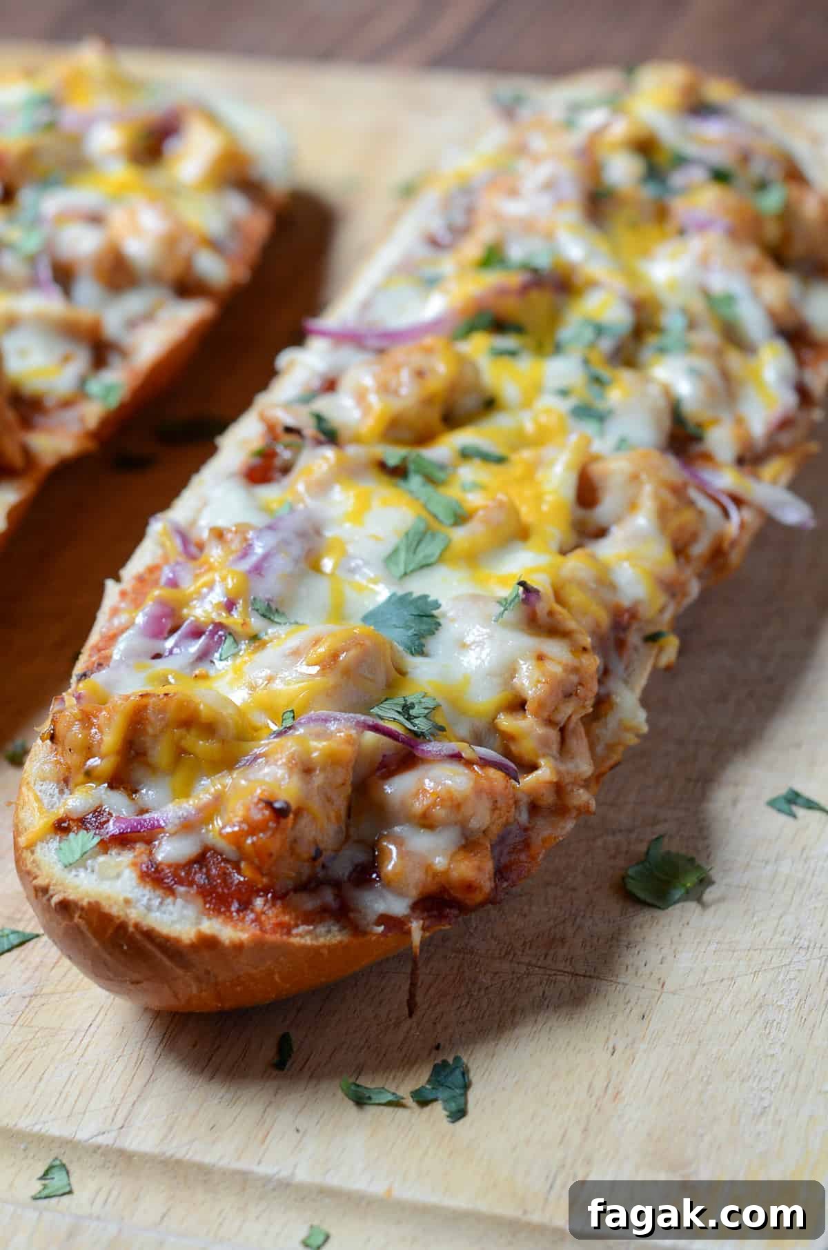 A close up of french bread pizza.