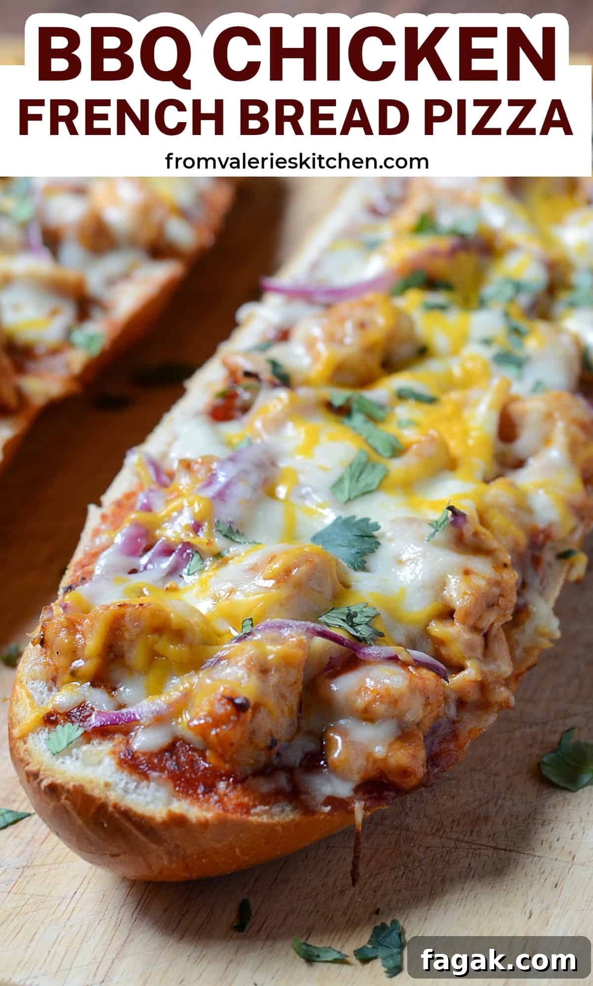 BBQ Chicken French Bread Pizzas on a cutting board with text overlay.